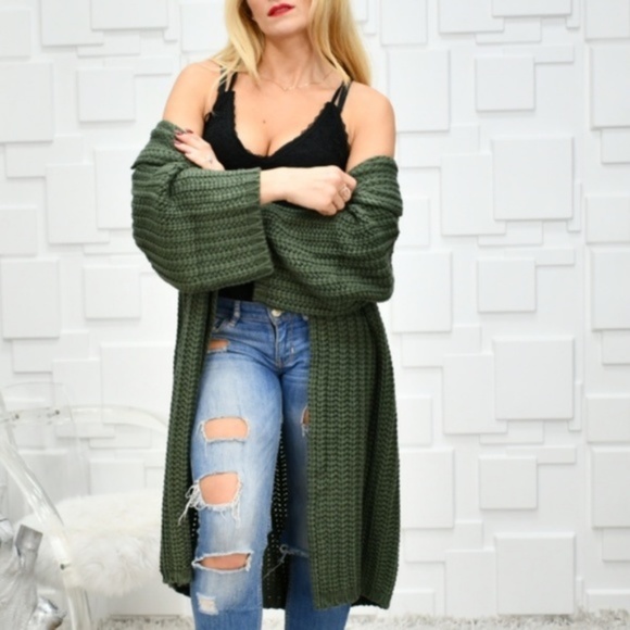 Chunky Thick Knit Green Long Cardigan Long… - Picture 3 of 4